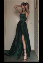 Sexy A Line Halter Dark Green Satin Long Evening Gowns Prom Dress