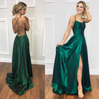 Sexy A Line Halter Dark Green Satin Long Evening Gowns Prom Dress