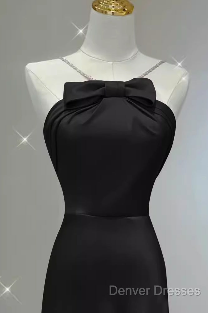 Sexy A Line Halter Long Black Satin Prom Dress