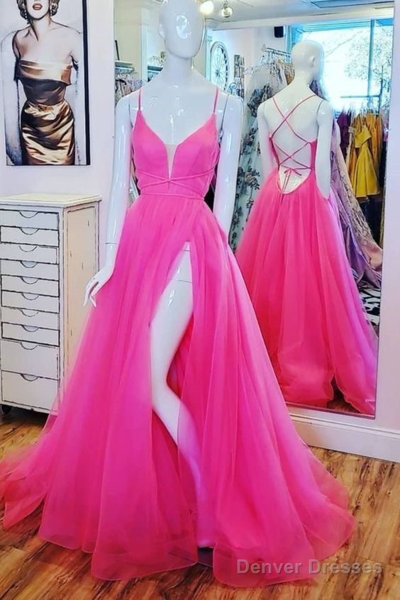 Sexy A-Line Hot Pink Tulle Long Dress With Lace Up Back Long Prom Dress Main image