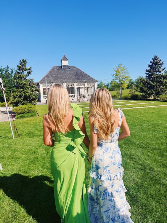 Sexy A Line Long Blue Floral Prom Dress Blue And White Party Dress