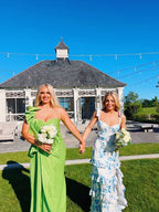 Sexy A Line Long Blue Floral Prom Dress Blue And White Party Dress