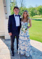Sexy A Line Long Blue Floral Prom Dress Blue And White Party Dress