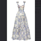 Sexy A Line Long Blue Floral Prom Dress Blue And White Party Dress