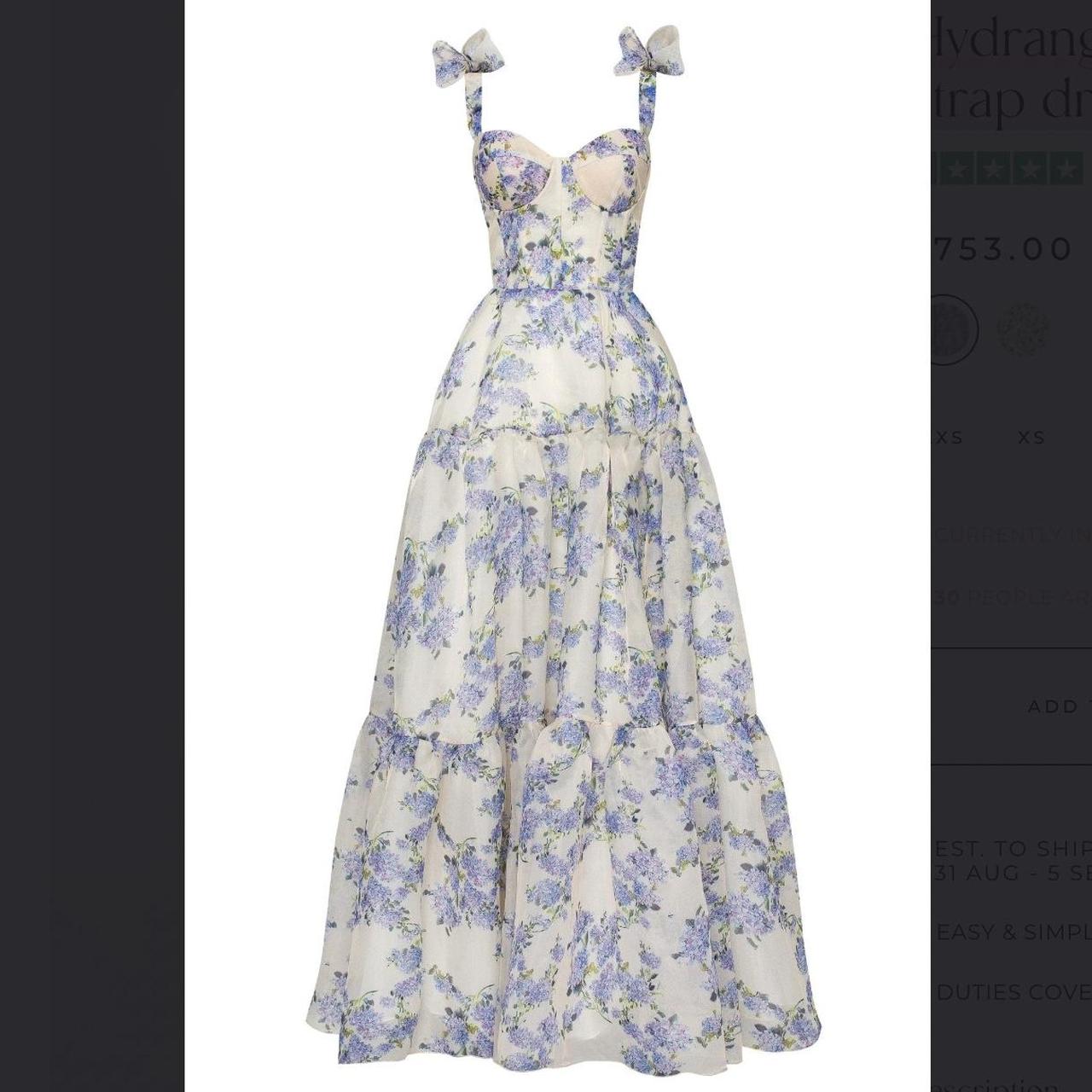 Sexy A Line Long Blue Floral Prom Dress Blue And White Party Dress