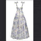 Sexy A Line Long Blue Floral Prom Dress Blue And White Party Dress
