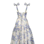Sexy A Line Long Blue Floral Prom Dress Blue And White Party Dress
