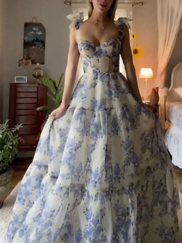 Sexy A Line Long Blue Floral Prom Dress Blue And White Party Dress