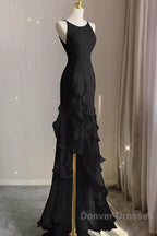 Sexy A Line Long Senior Chiffon Black Prom Dress Formal Dress