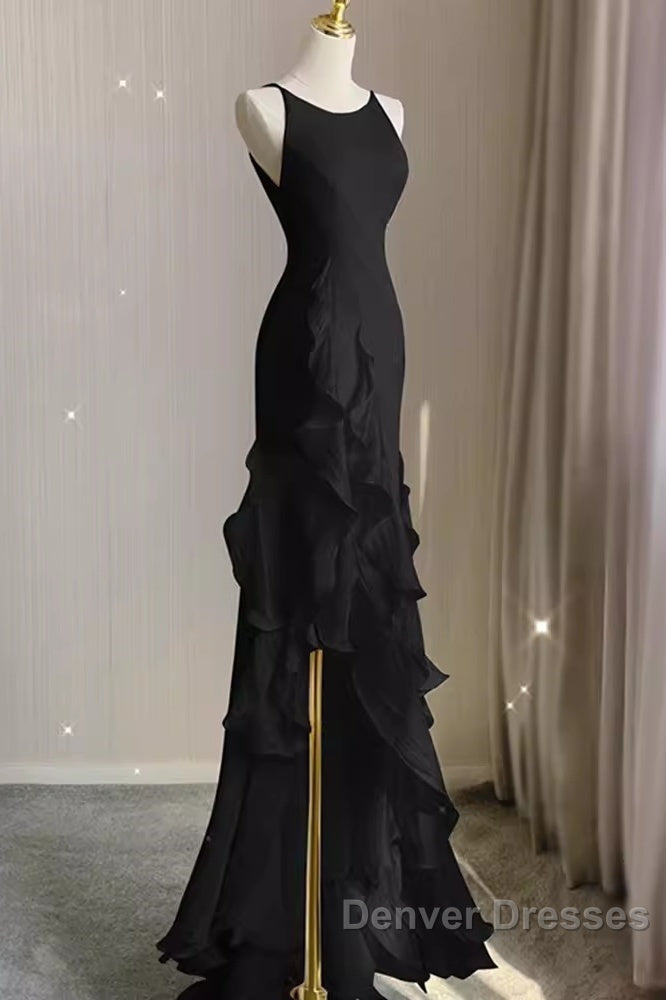 Sexy A Line Long Senior Chiffon Black Prom Dress Formal Dress