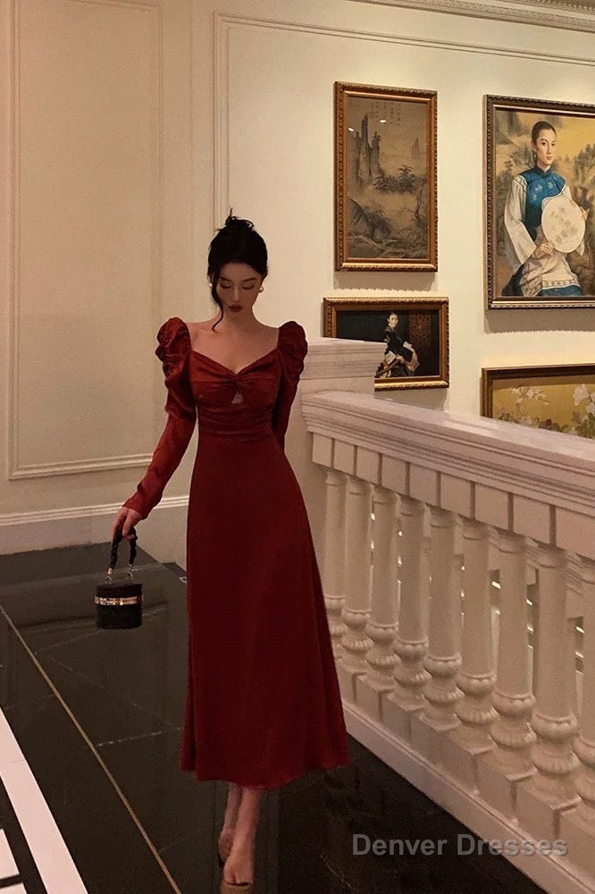 Sexy A Line Long Sleeves Red Satin Prom Dresses Birthday Outfits Secondary image