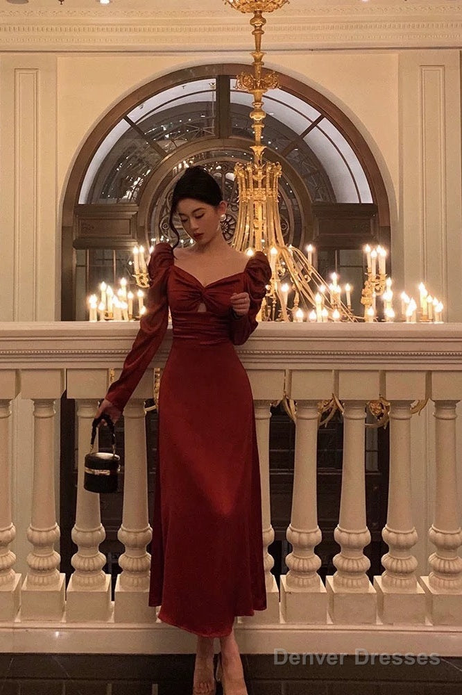 Sexy A Line Long Sleeves Red Satin Prom Dresses Birthday Outfits