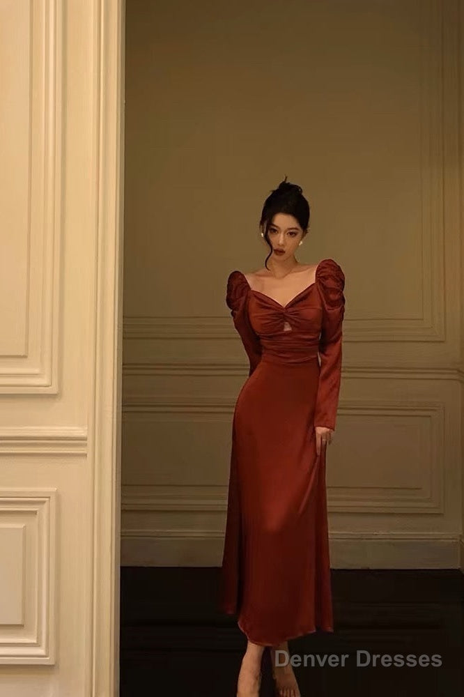 Sexy A Line Long Sleeves Red Satin Prom Dresses Birthday Outfits Main image