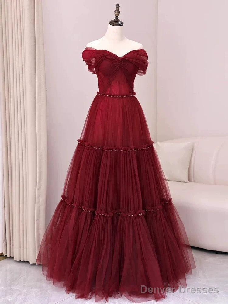 Sexy A Line Off The Shoulder Burgundy Tulle Floor Length Evening Dress Prom Dresses Main image