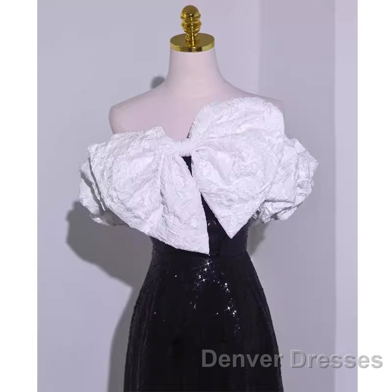 Sexy A Line Off The Shoulder Long Black Sequin Prom Dress