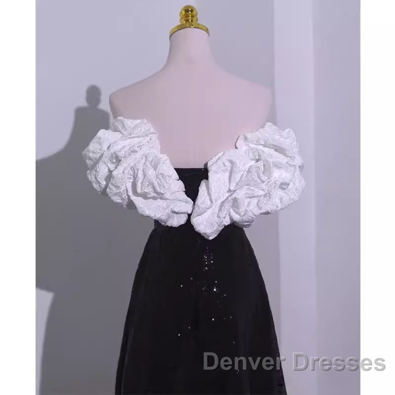 Sexy A Line Off The Shoulder Long Black Sequin Prom Dress