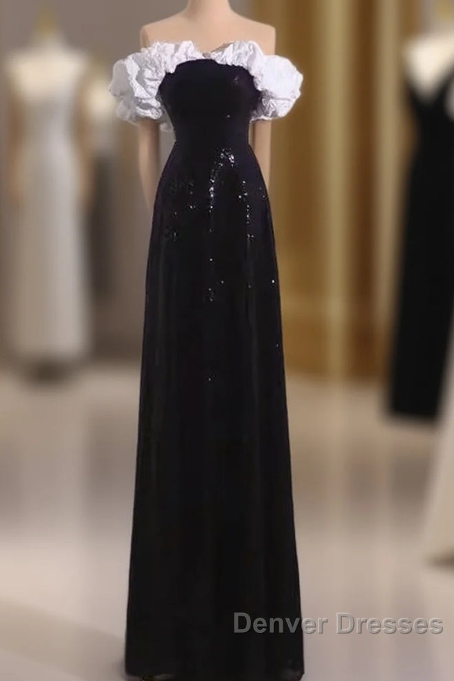 Sexy A Line Off The Shoulder Long Black Sequin Prom Dress