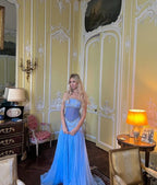 Sexy A Line Off The Shoulder Maxi Long Party Light Blue Chiffon Prom Dress Evening Dress