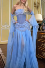 Sexy A Line Off The Shoulder Maxi Long Party Light Blue Chiffon Prom Dress Evening Dress