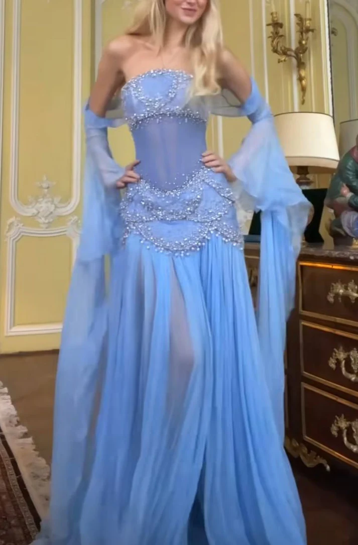 Sexy A Line Off The Shoulder Maxi Long Party Light Blue Chiffon Prom Dress Evening Dress