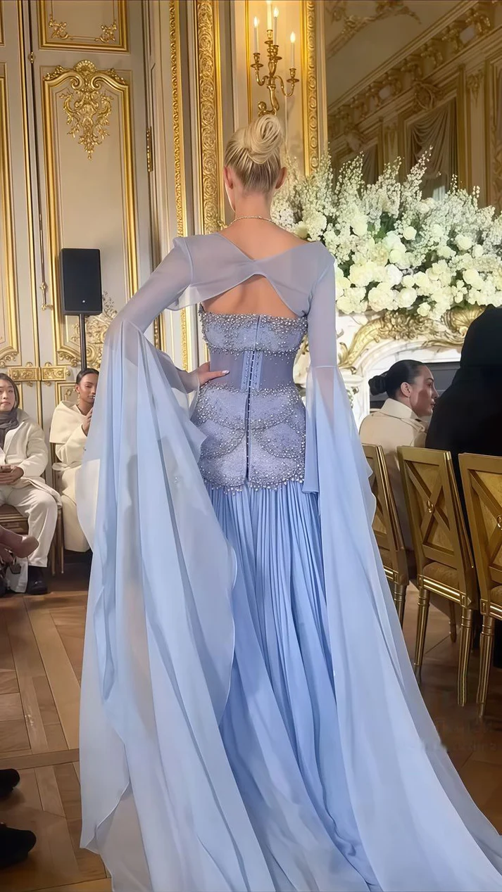 Sexy A Line Off The Shoulder Maxi Long Party Light Blue Chiffon Prom Dress Evening Dress