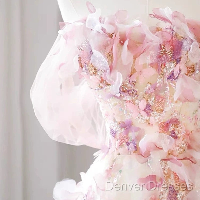 Sexy A Line Off The Shoulder Pink Tulle Floor Length Floral Prom Dress