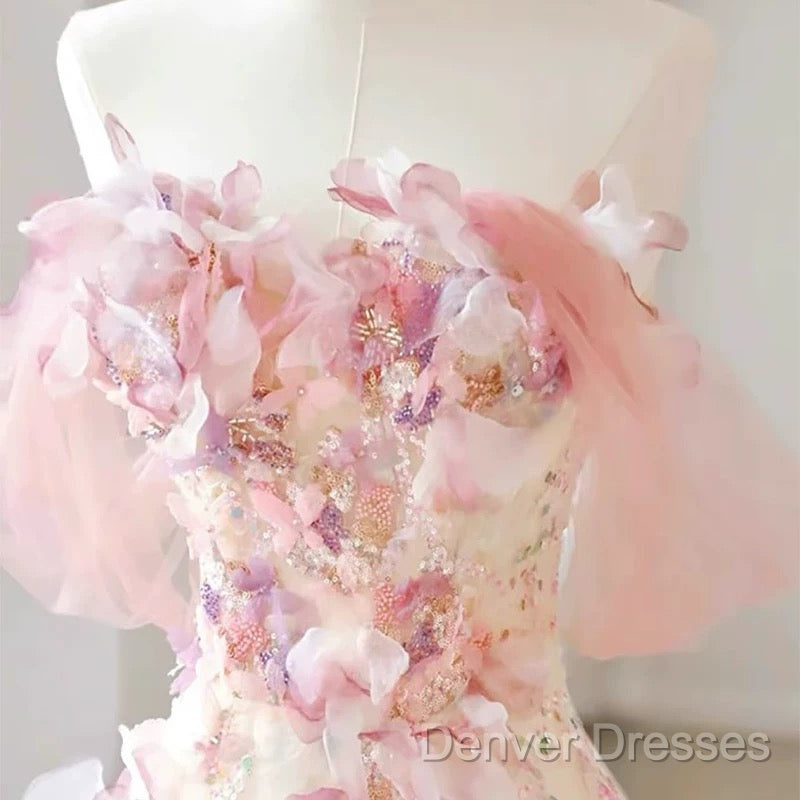 Sexy A Line Off The Shoulder Pink Tulle Floor Length Floral Prom Dress