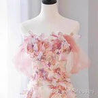 Sexy A Line Off The Shoulder Pink Tulle Floor Length Floral Prom Dress