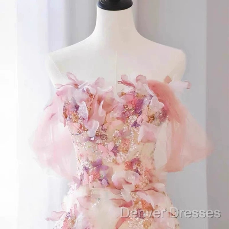 Sexy A Line Off The Shoulder Pink Tulle Floor Length Floral Prom Dress