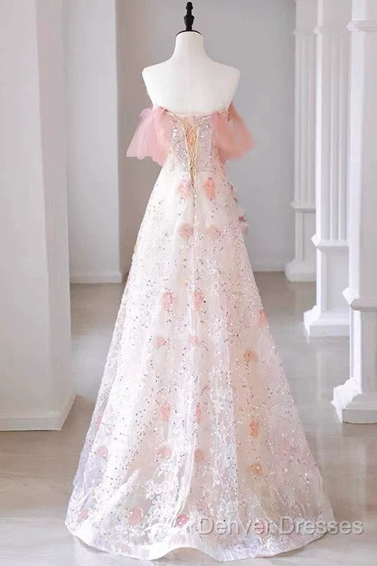 Sexy A Line Off The Shoulder Pink Tulle Floor Length Floral Prom Dress