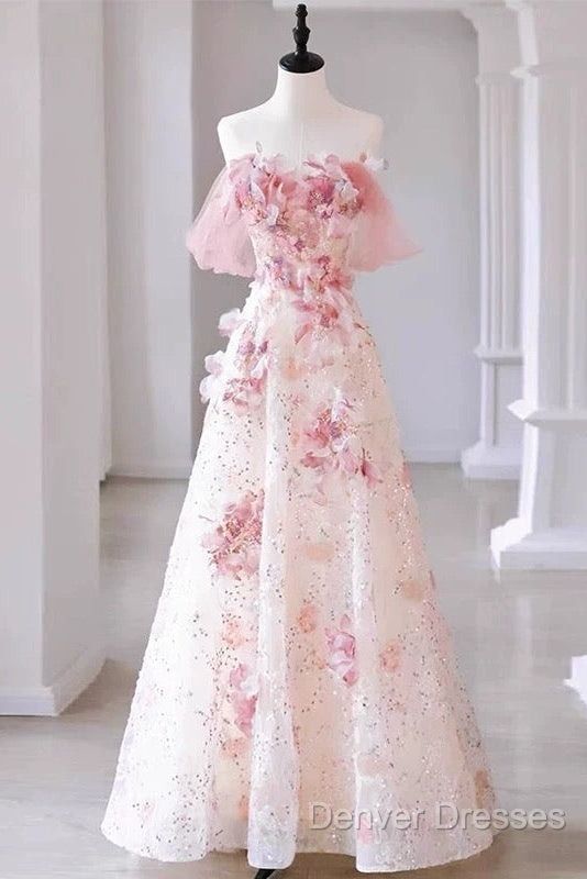 Sexy A Line Off The Shoulder Pink Tulle Floor Length Floral Prom Dress