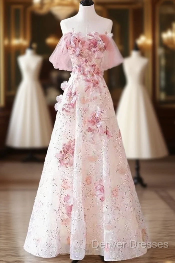 Sexy A Line Off The Shoulder Pink Tulle Floor Length Floral Prom Dress Main image