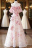 Sexy A Line Off The Shoulder Pink Tulle Floor Length Floral Prom Dress