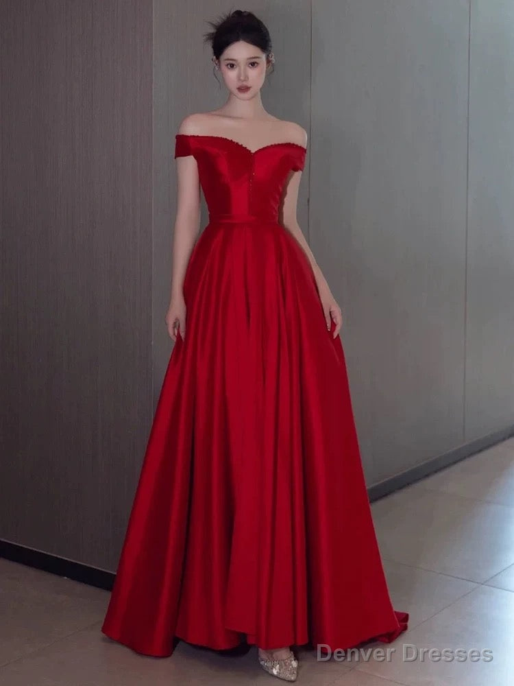 Sexy A Line Off The Shoulder Satin Red Floor Length Evening Dress Prom Dresses Main image