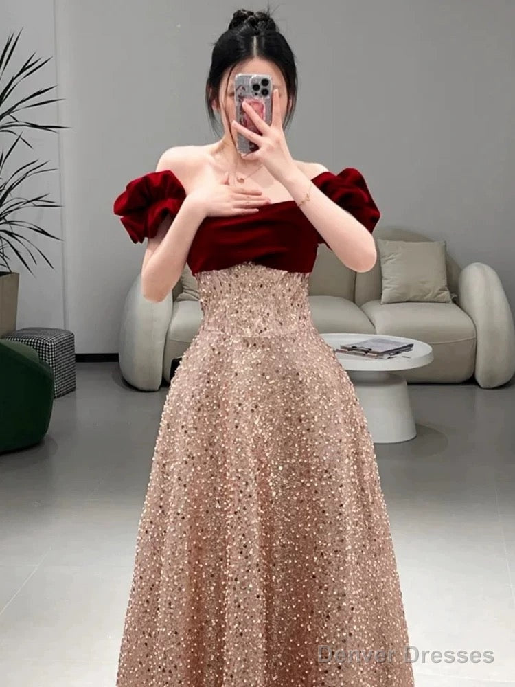 Sexy A Line Off The Shoulder Sequin Floor Length Evening Dress Prom Dresses
