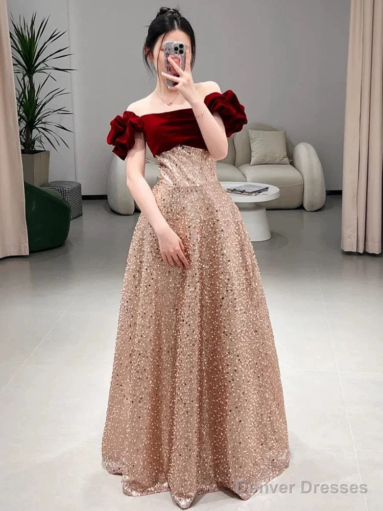Sexy A Line Off The Shoulder Sequin Floor Length Evening Dress Prom Dresses Main image