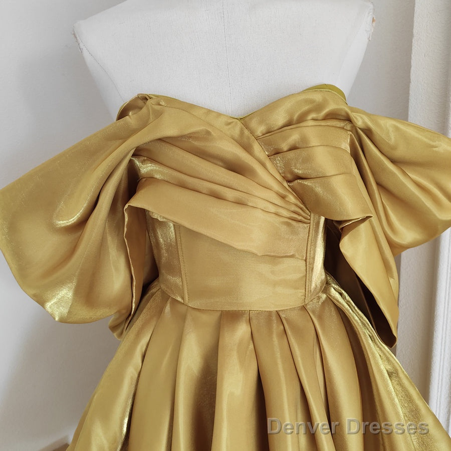 Sexy A Line Off The Shoulder Yellow Satin Travel Vacation Dresses Short Birthday Dress
