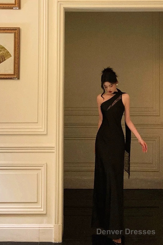 Sexy A Line One Shoulder Black Floor Length Prom Dresses Birthday Dress