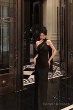 Sexy A Line One Shoulder Black Floor Length Prom Dresses Birthday Dress