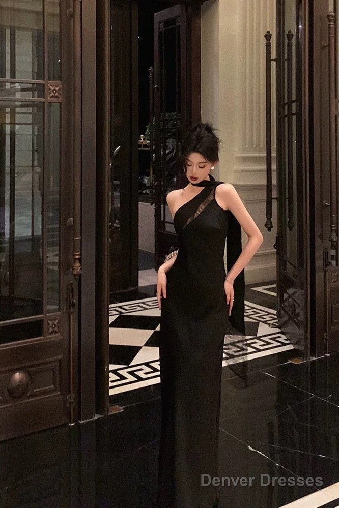 Sexy A Line One Shoulder Black Floor Length Prom Dresses Birthday Dress