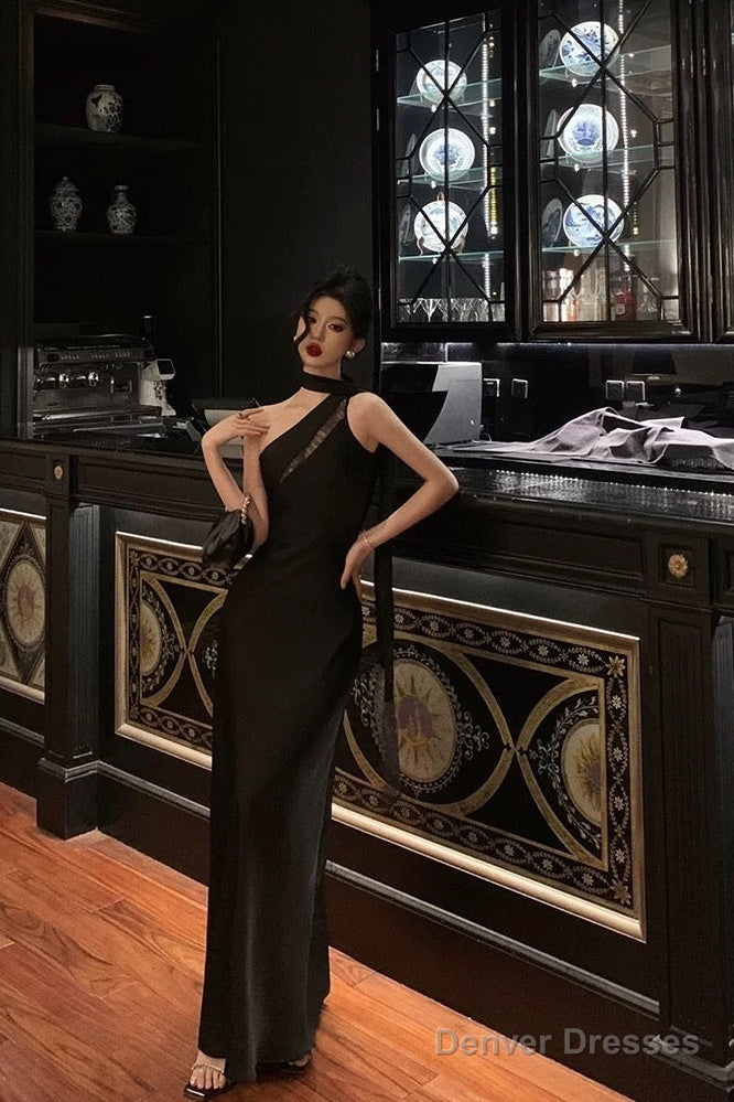 Sexy A Line One Shoulder Black Floor Length Prom Dresses Birthday Dress