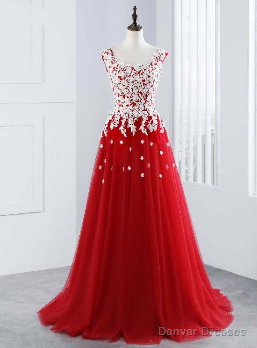 Sexy A-Line Red Tulle Appliques Long Prom Dresses Main image