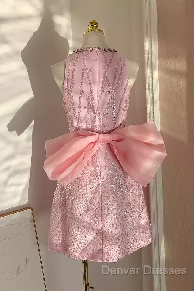 Sexy A Line Scoop Pink Sequin Travel Vacation Dress Short Birthday Dress