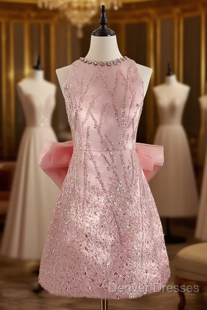 Sexy A Line Scoop Pink Sequin Travel Vacation Dress Short Birthday Dress