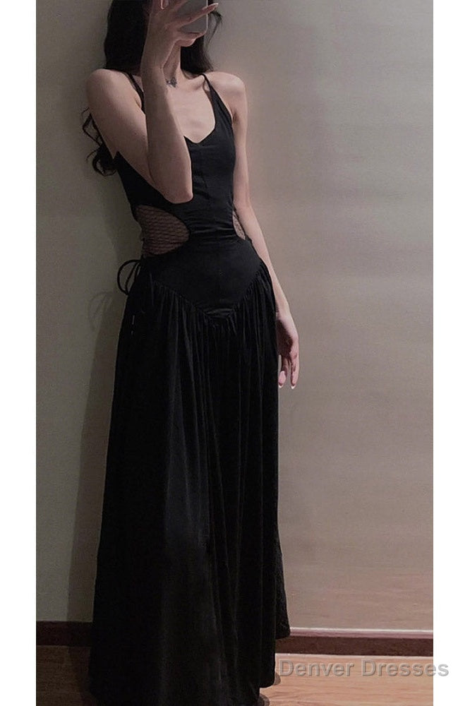 Sexy A Line Spaghetti Straps Black Beach Dress WomenS Vacation Dresses Birthday Dress