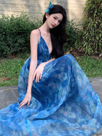Sexy A Line Spaghetti Straps Blue Floral Backless Holiday Beach Dress WomenS Long Vacation Dresses