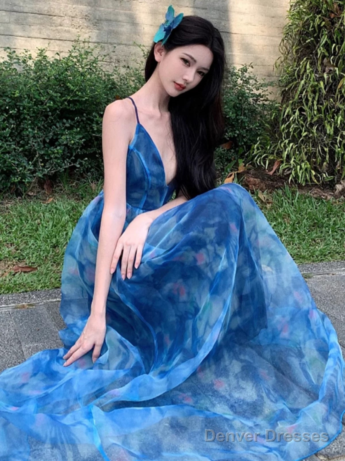 Sexy A Line Spaghetti Straps Blue Floral Backless Holiday Beach Dress WomenS Long Vacation Dresses