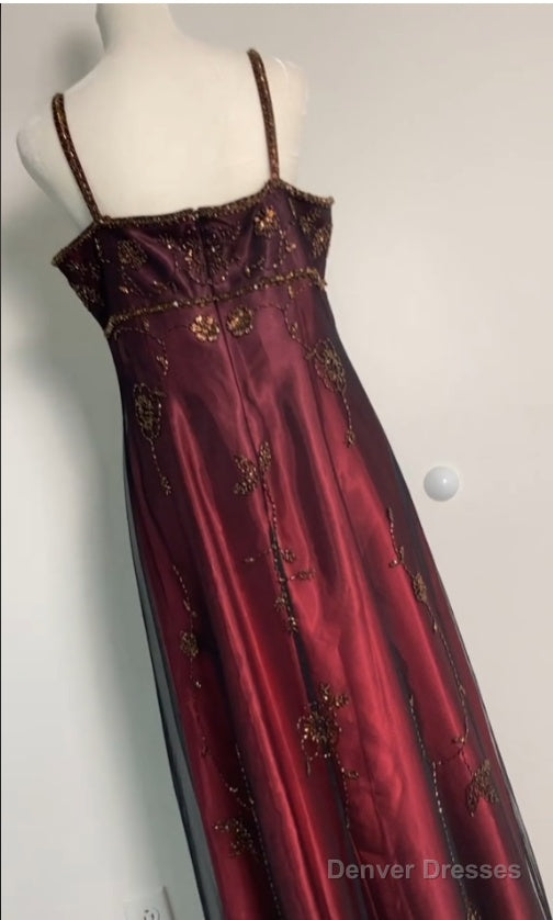 Sexy A Line Spaghetti Straps Burgundy Long Evening Dress Party Dress Prom Dresses