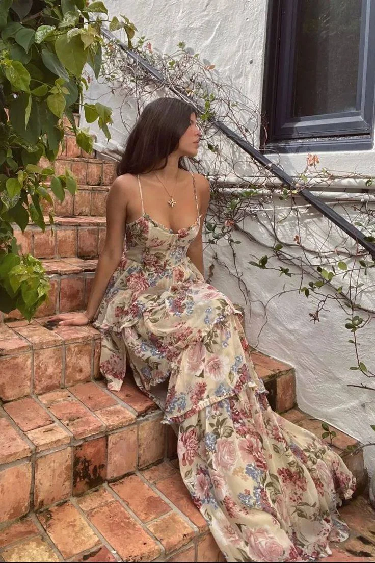 Sexy A Line Spaghetti Straps Floor Length Floral Evening Dress Chiffon Prom Dress Secondary image