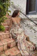 Sexy A Line Spaghetti Straps Floor Length Floral Evening Dress Chiffon Prom Dress